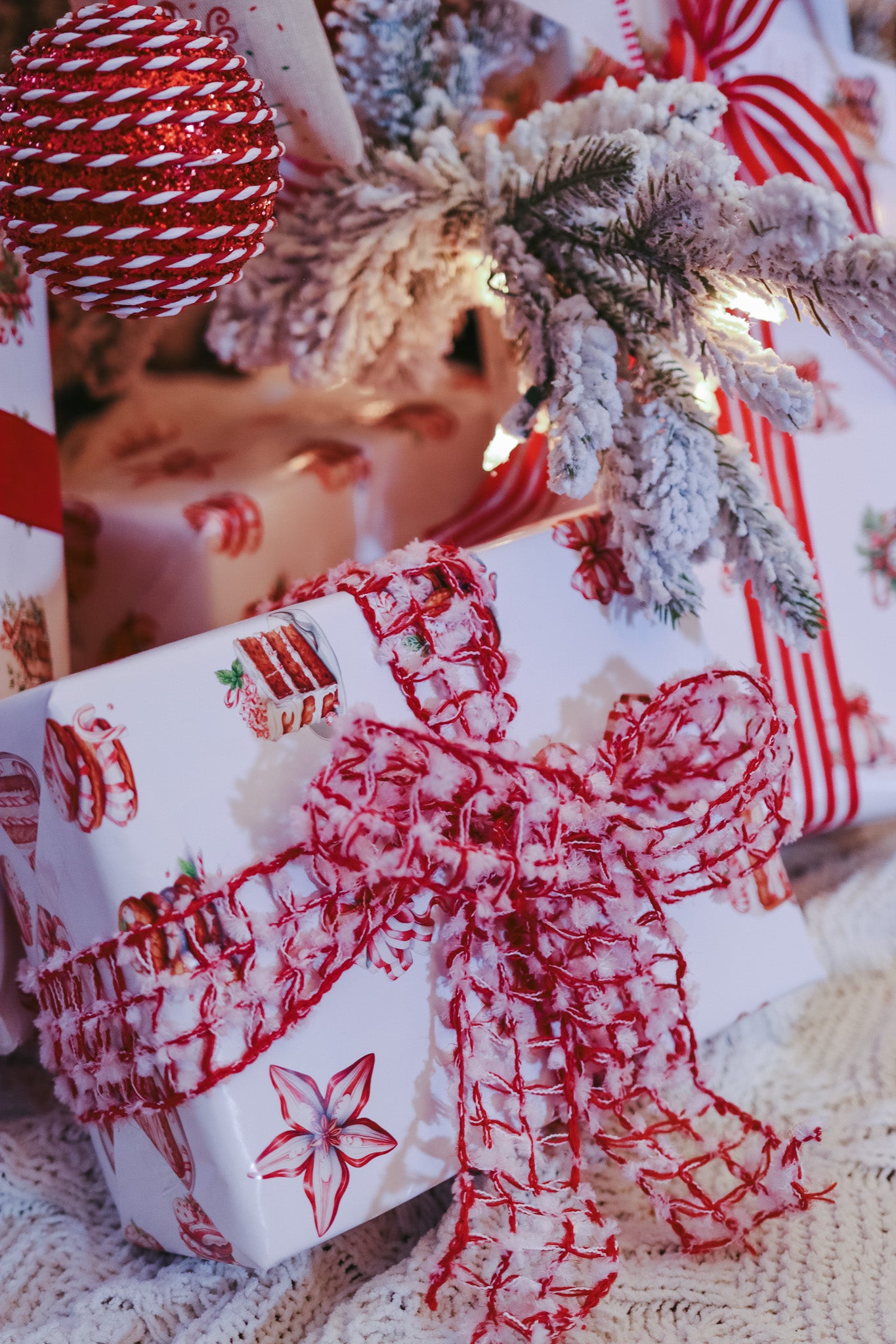 Gift Tag + Thick Luxury Wrapping Paper- sided red white Peppermint Candy & Vintage Gingerbread House Christmas Gift Wrapping Paper + Tag