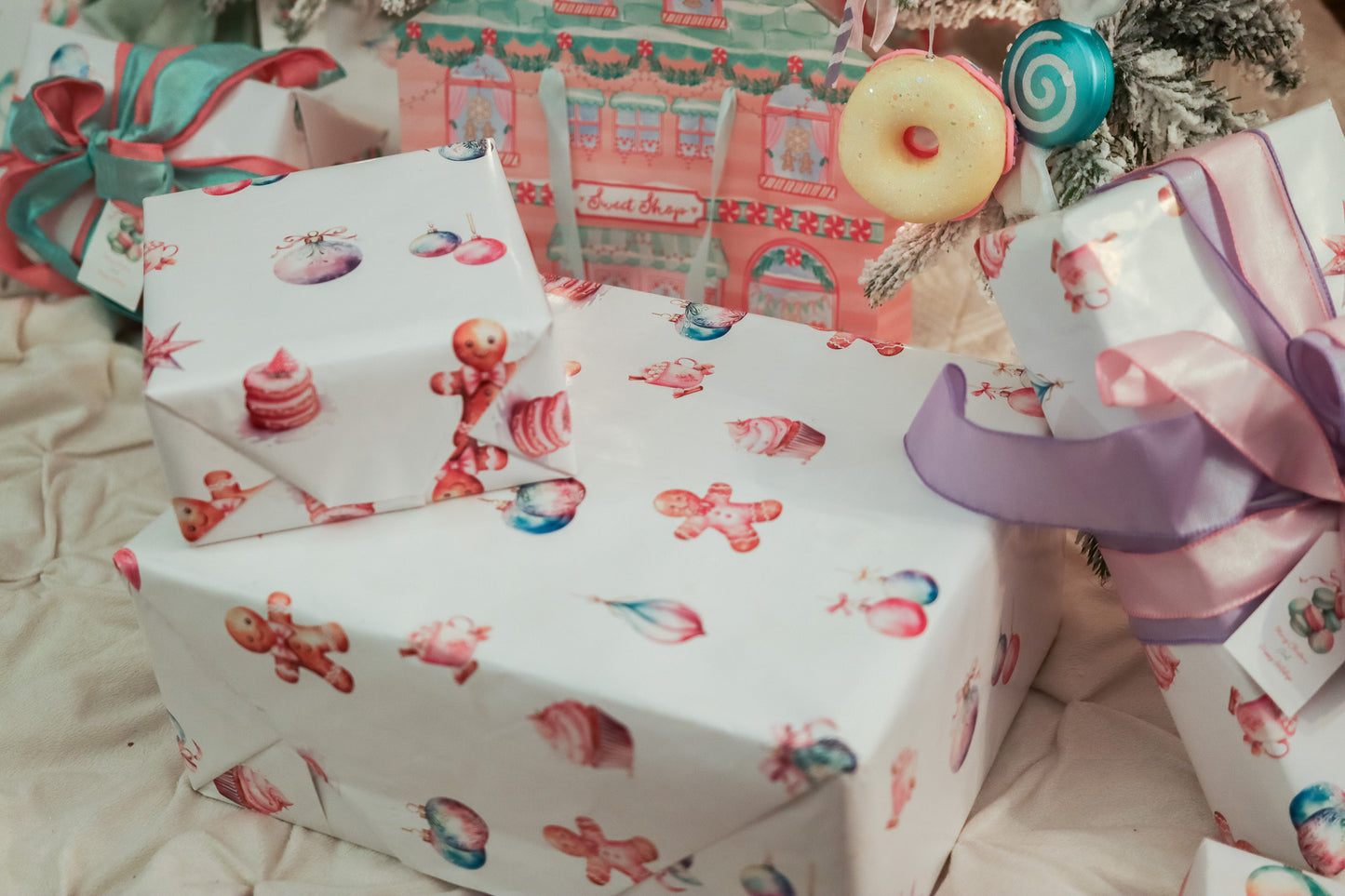 Gift Tag + Thick luxury Wrapping Paper- Double sided Pastel Candyland Christmas Gift Wrapping paper purple pink mint green + Tag
