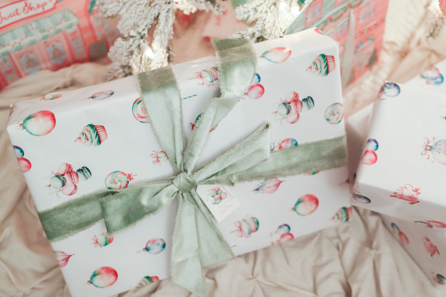 Gift Tag + Thick luxury Wrapping Paper- Double sided Pastel Candyland Christmas Gift Wrapping paper purple pink mint green + Tag