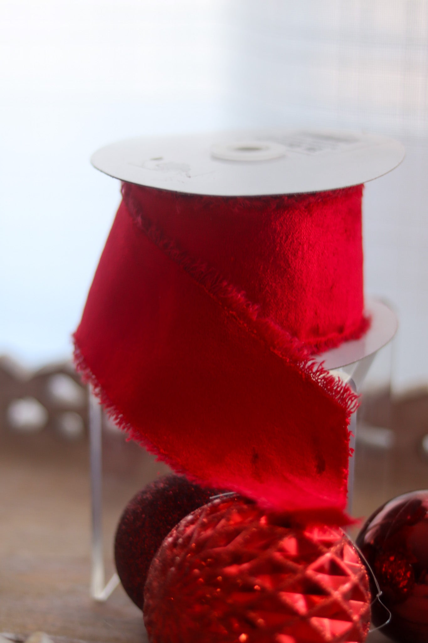 Frayed Red Velvet Ribbon – 2.5" Soft (Non-Wired)