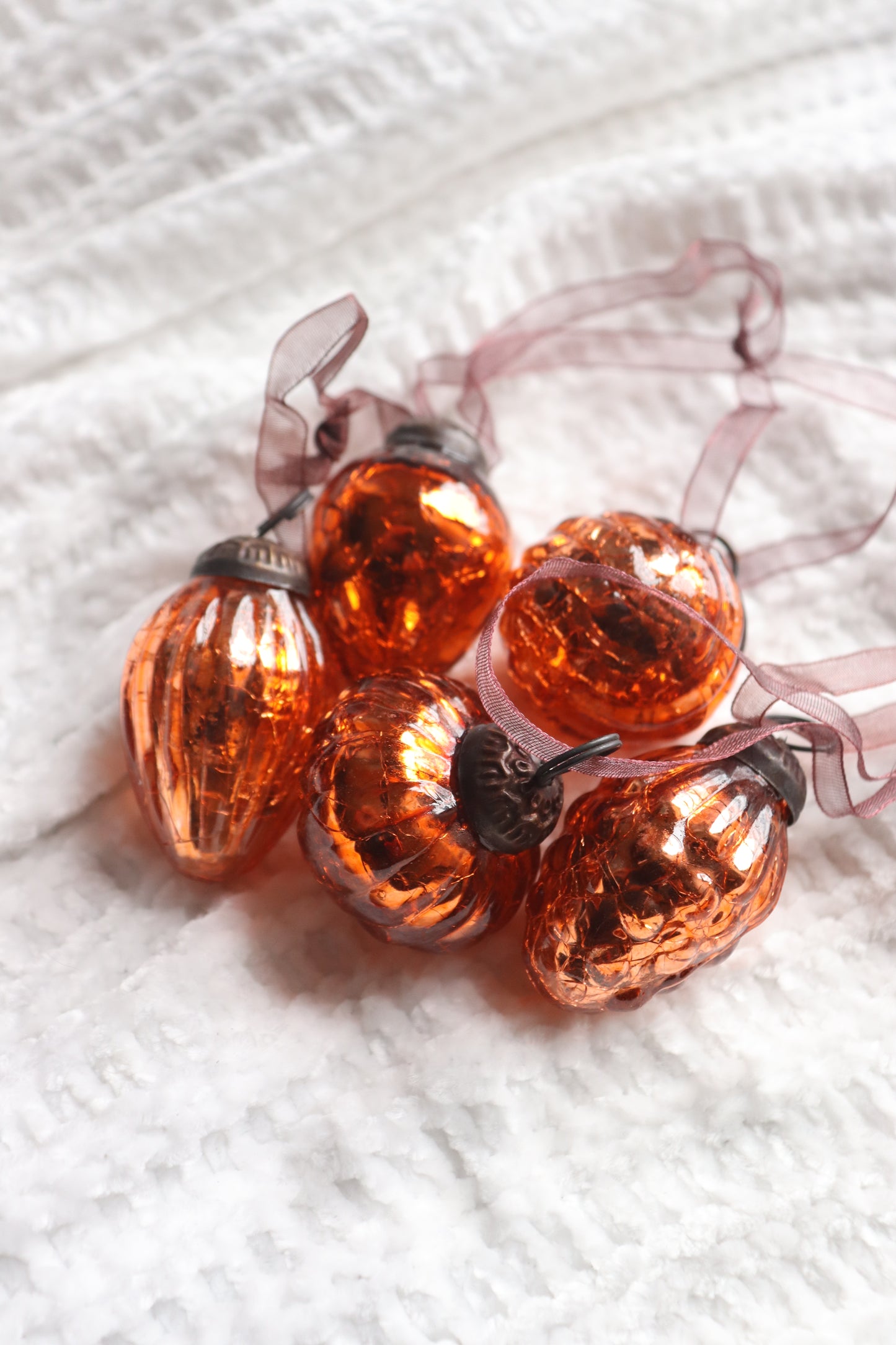 Luxury Set of 6 Small Copper or Olive Green Glass Crackle Ornaments – 1"