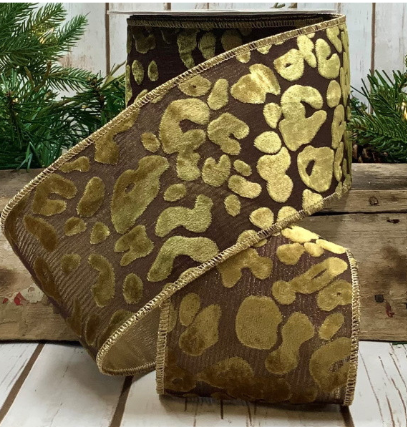 Luxury Large Wired Ribbon Animal Print Leopard Gold khaki Brown