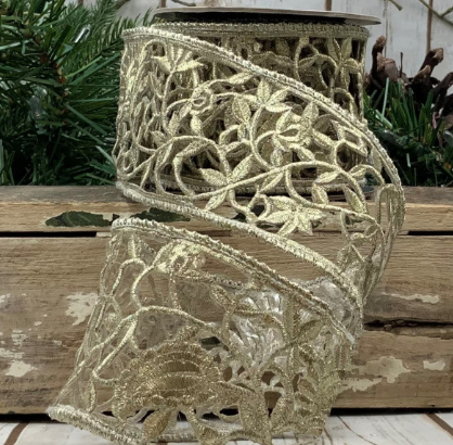 3" Luxury Medium Gold Ribbon Mesh Laser Cut Leaves Victorian Vintage style