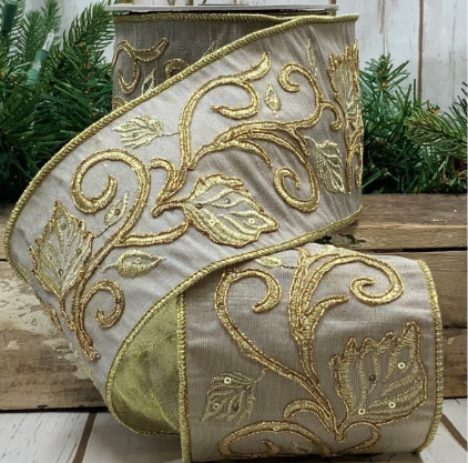 Luxury Large Wired Ribbon Gold Grey Floral Embroidery Vintage Victorian Style