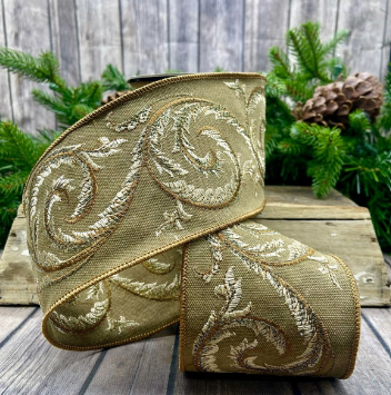 Luxury Large Ribbon Green Khaki Beige Swirls Embroidery
