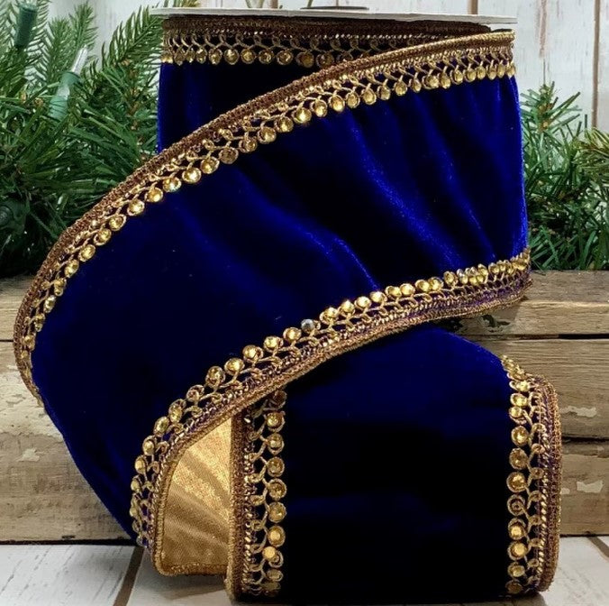 Luxury Wired Ribbon Velvet Jewel , Dark Blue, Cobalt