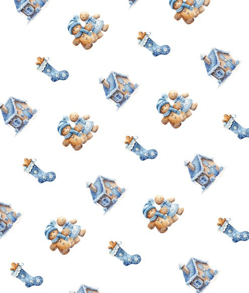 Gift Tag + Thick Luxury Wrapping Paper- Double sided Pastel Baby Blue Gingerbread Vintage Christmas Gift Wrapping paper boy girl + tag