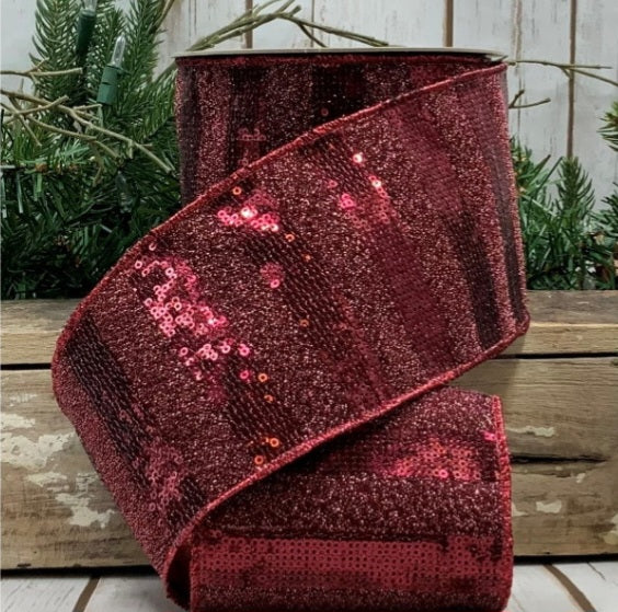 Luxury Large Wired  Ribbon Metallic Burgundy Red Sequin