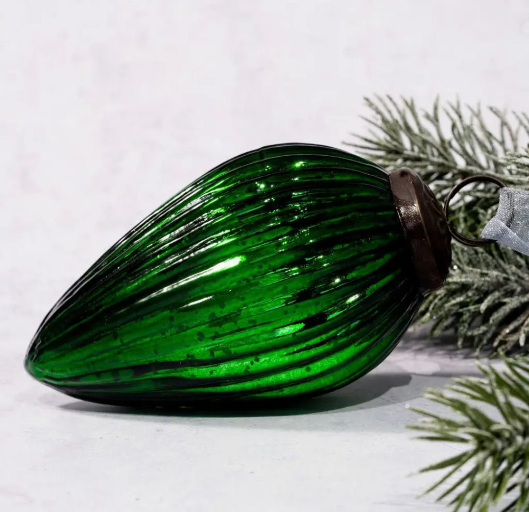 Luxury Green Striped Glass Teardrop Christmas Ball – 4"