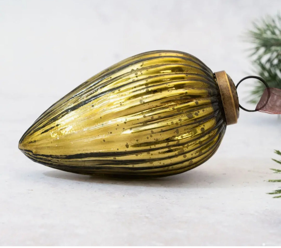 Luxury Olive Striped Glass Teardrop Christmas Ball – 4"