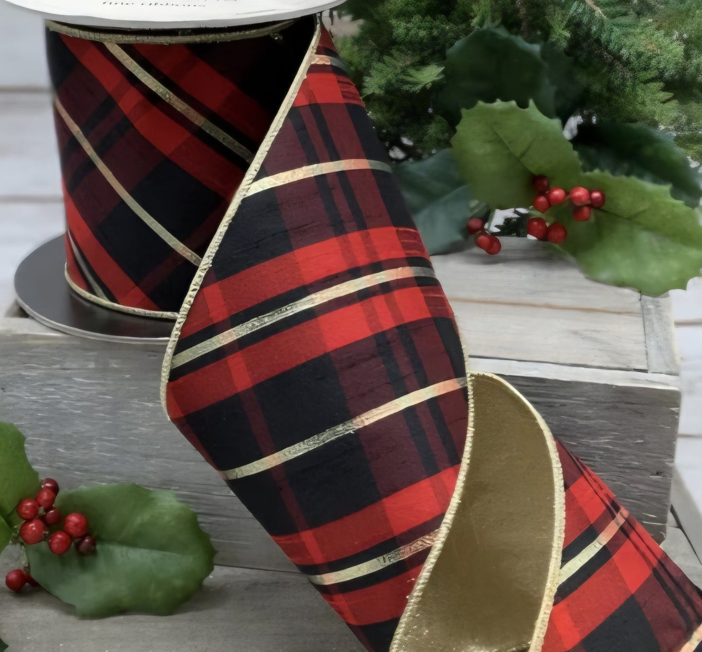 Red, Black, and Gold Plaid Dupioni Christmas Ribbon with Gold Backing – 4"