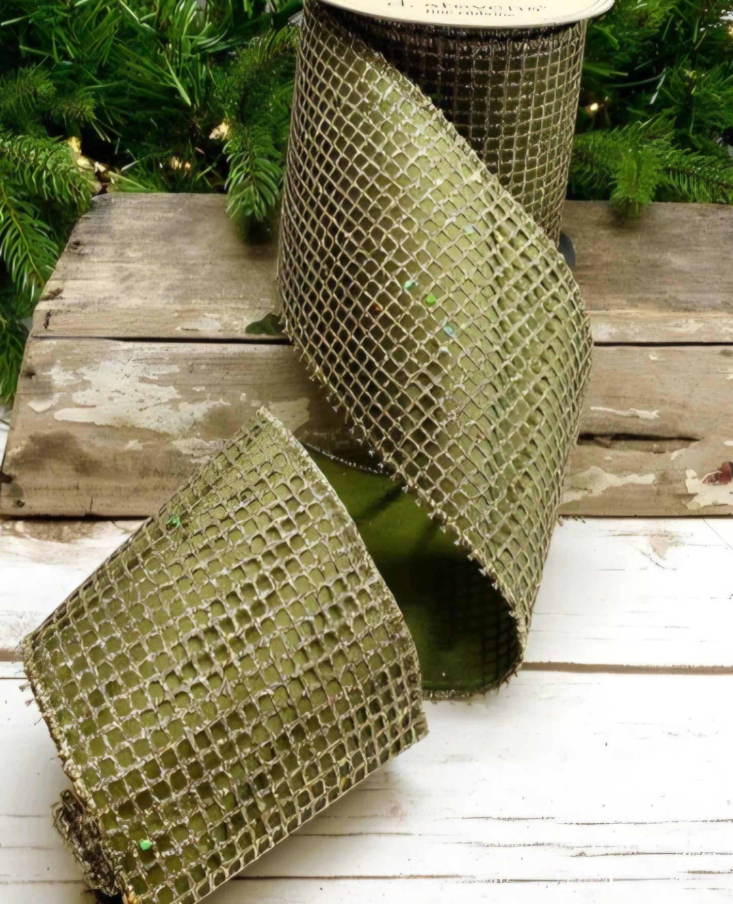 Platinum Glitter Mesh Taffeta Christmas Ribbon with Sage Green Backing – 4"
