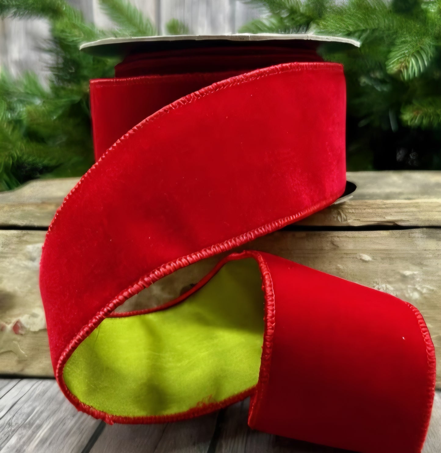 Red Velvet Christmas Ribbon with Metallic Red Backing- 2.5