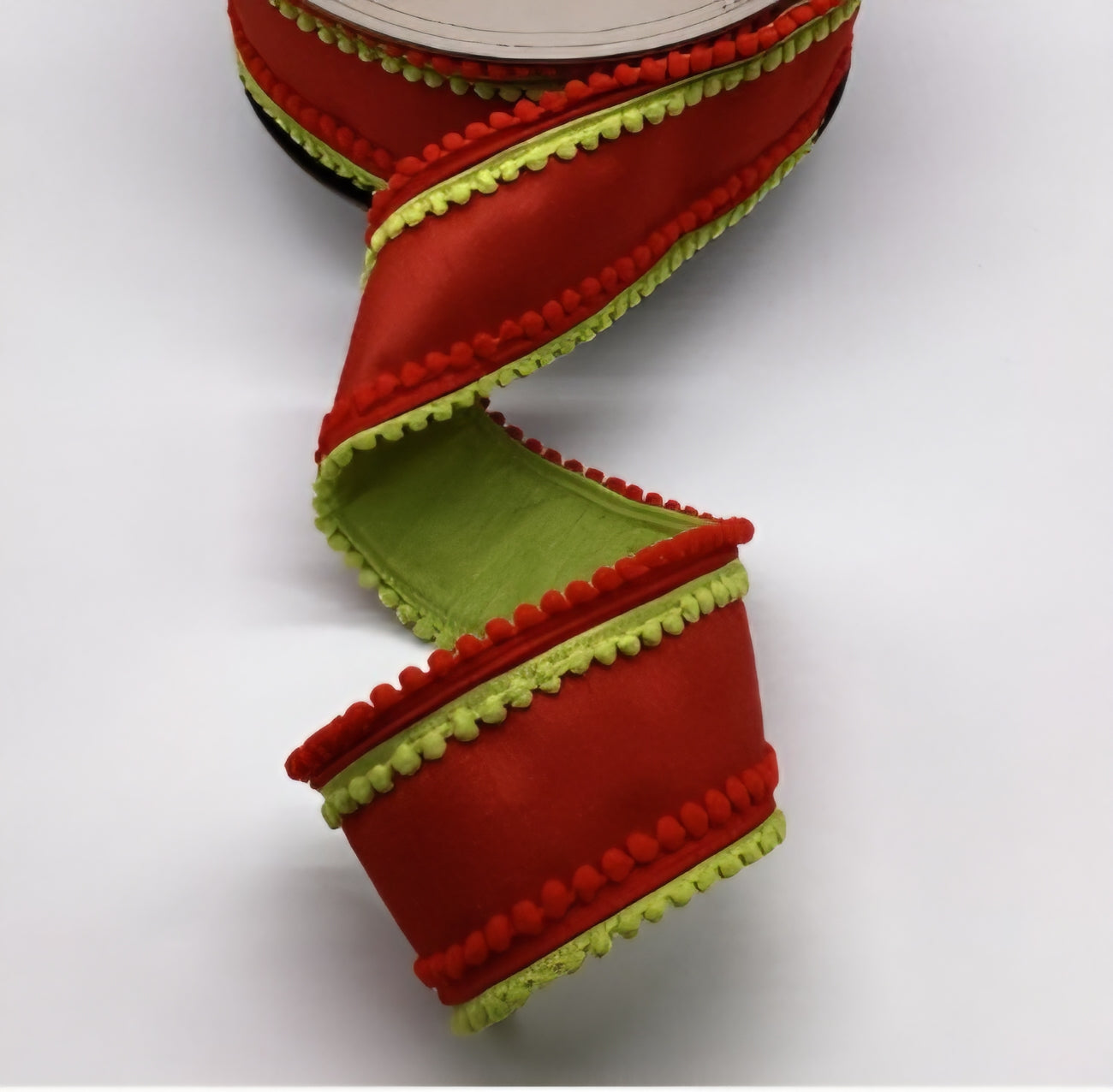 Lime Bright Green Dupioni Christmas Ribbon with Red Pom-Pom Trim and Green Backing – 3"