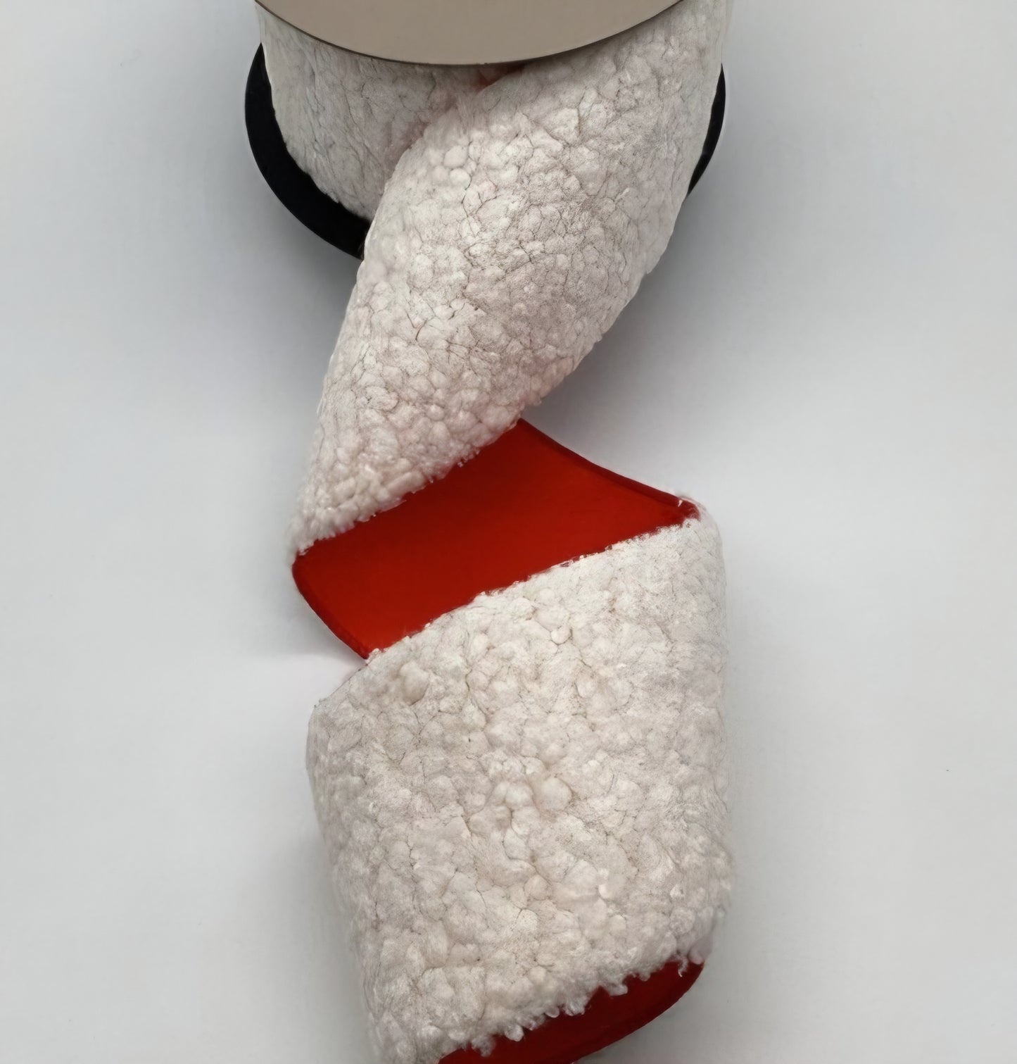 White Lamb Wool Christmas Ribbon with Red Backing – 4"