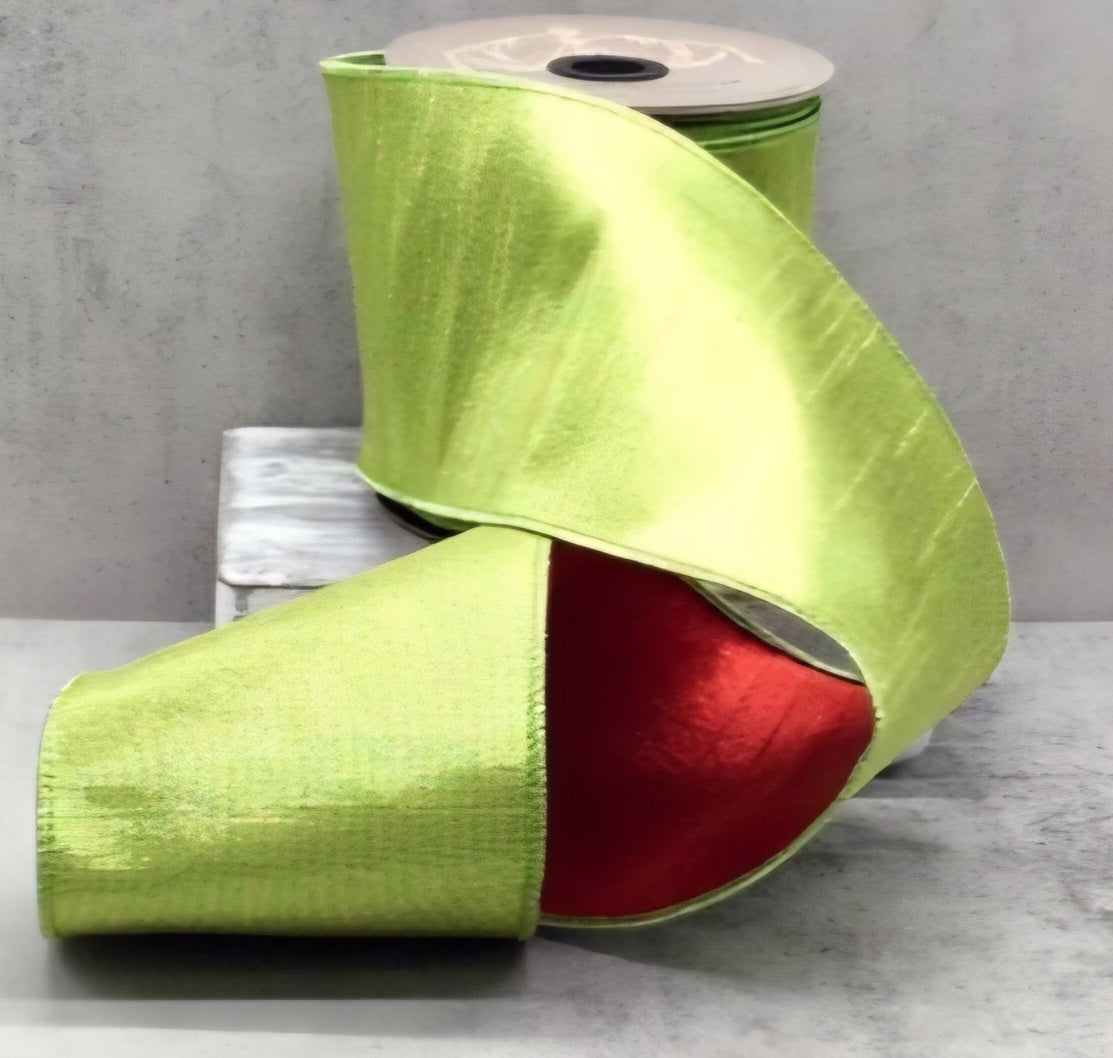 Two-Tone Dupioni Ribbon in Lime Bright Green with Red Backing – 2.5"