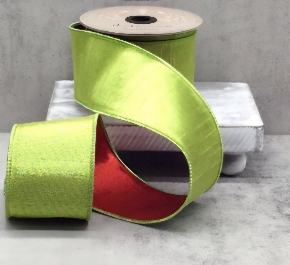 Two-Tone Dupioni Ribbon in Lime Bright Green with Red Backing – 2.5"