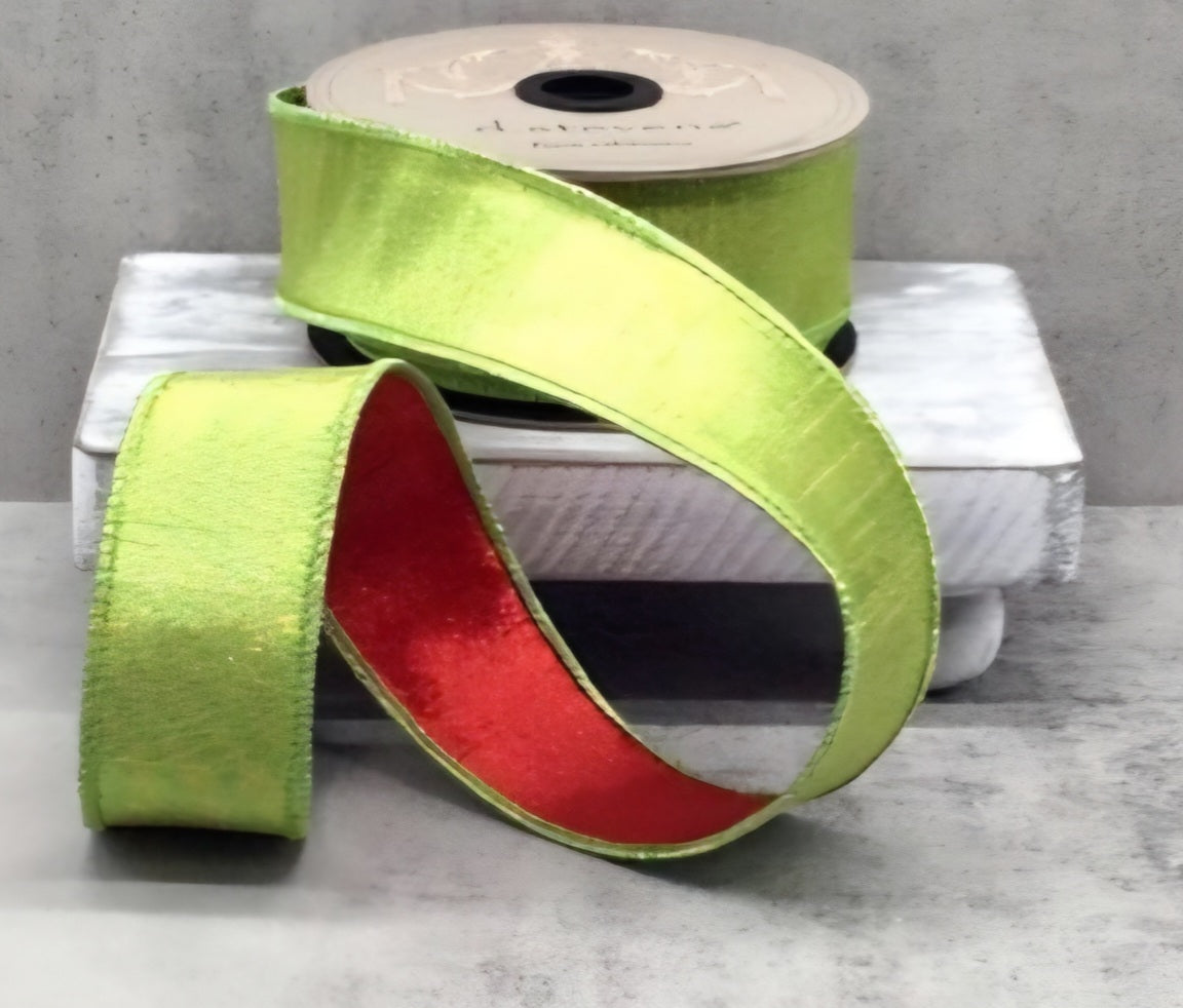 Two-Tone Dupioni Ribbon in Lime Bright Green with Red Backing – 2.5"