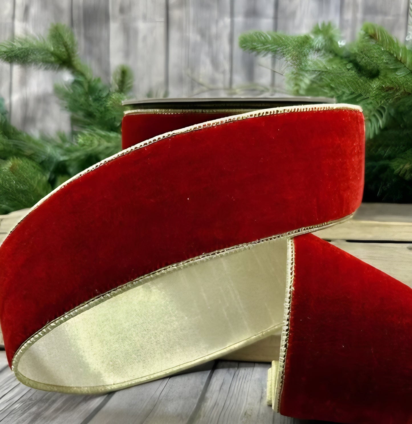 Red Velvet Christmas Ribbon with Metallic Red Backing- 2.5