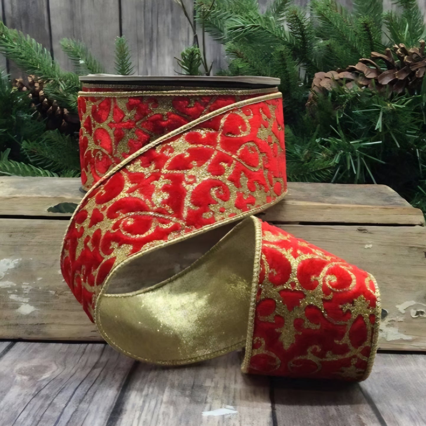 Red Velvet Christmas Ribbon with Glitter Royal Pattern Gold Backing – 4"