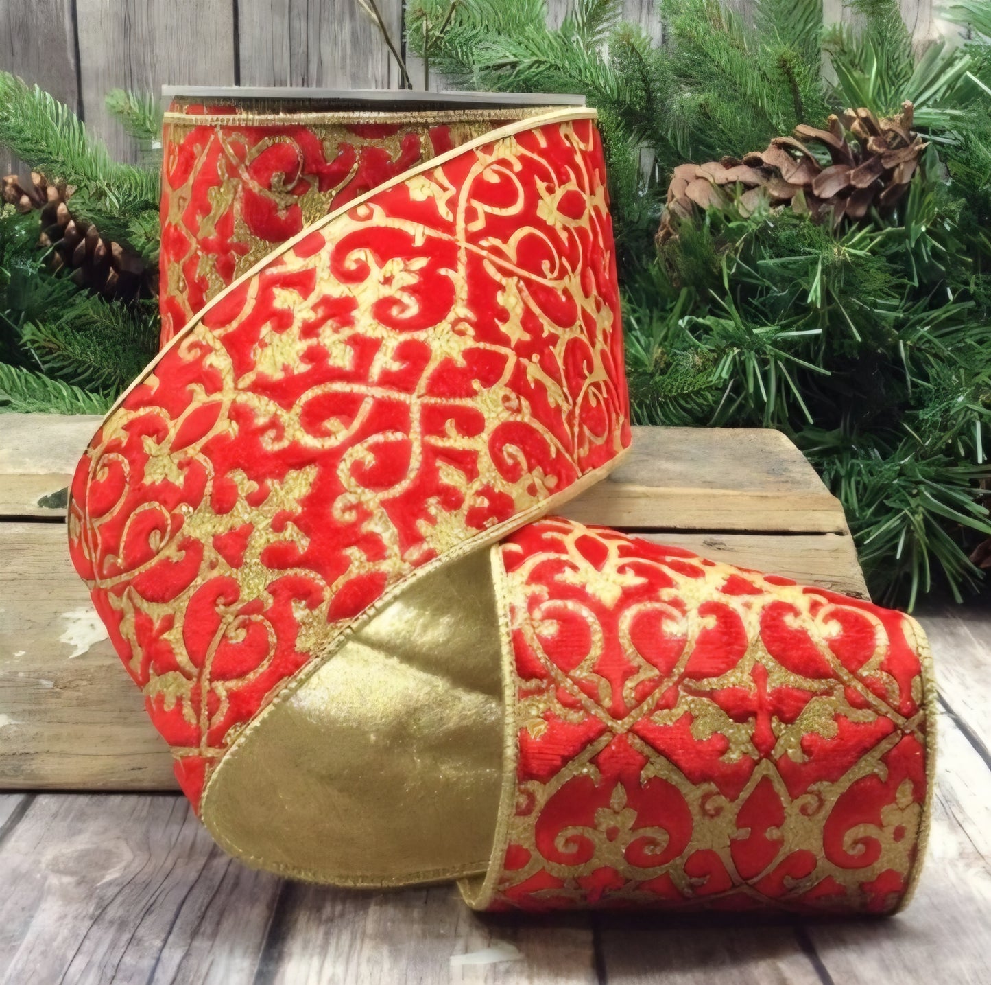Red Velvet Christmas Ribbon with Glitter Royal Pattern Gold Backing – 4"