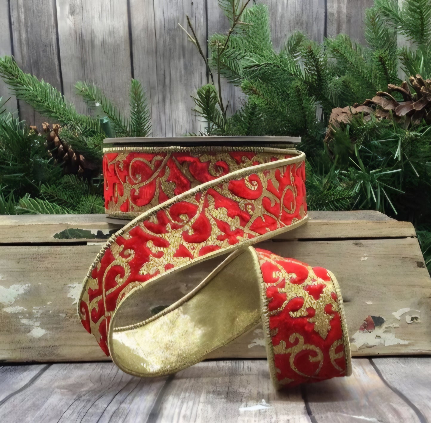 Red Velvet Christmas Ribbon with Glitter Royal Pattern Gold Backing – 4"