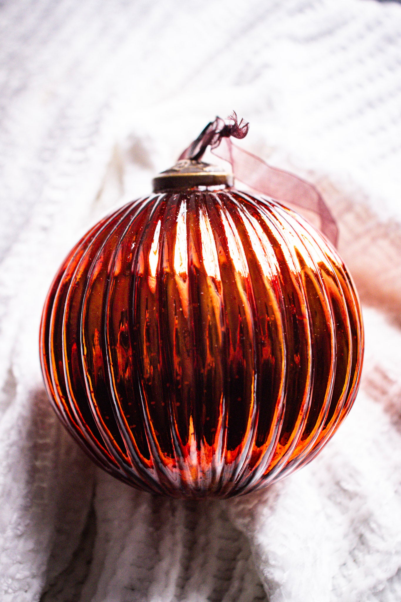Luxury Dark Copper Striped Glass Christmas Ball