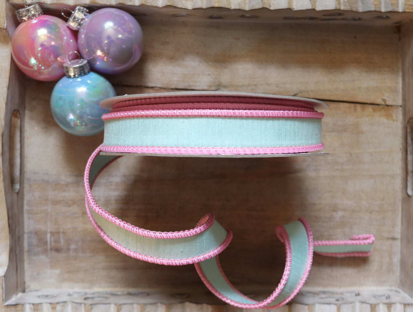 Luxury Ribbon Pastel green edge pink 1"  Dupion Candyland
