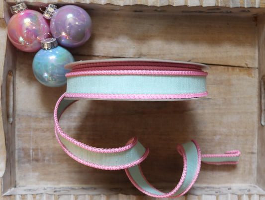 Luxury Ribbon Pastel green edge pink 1"  Dupion Candyland