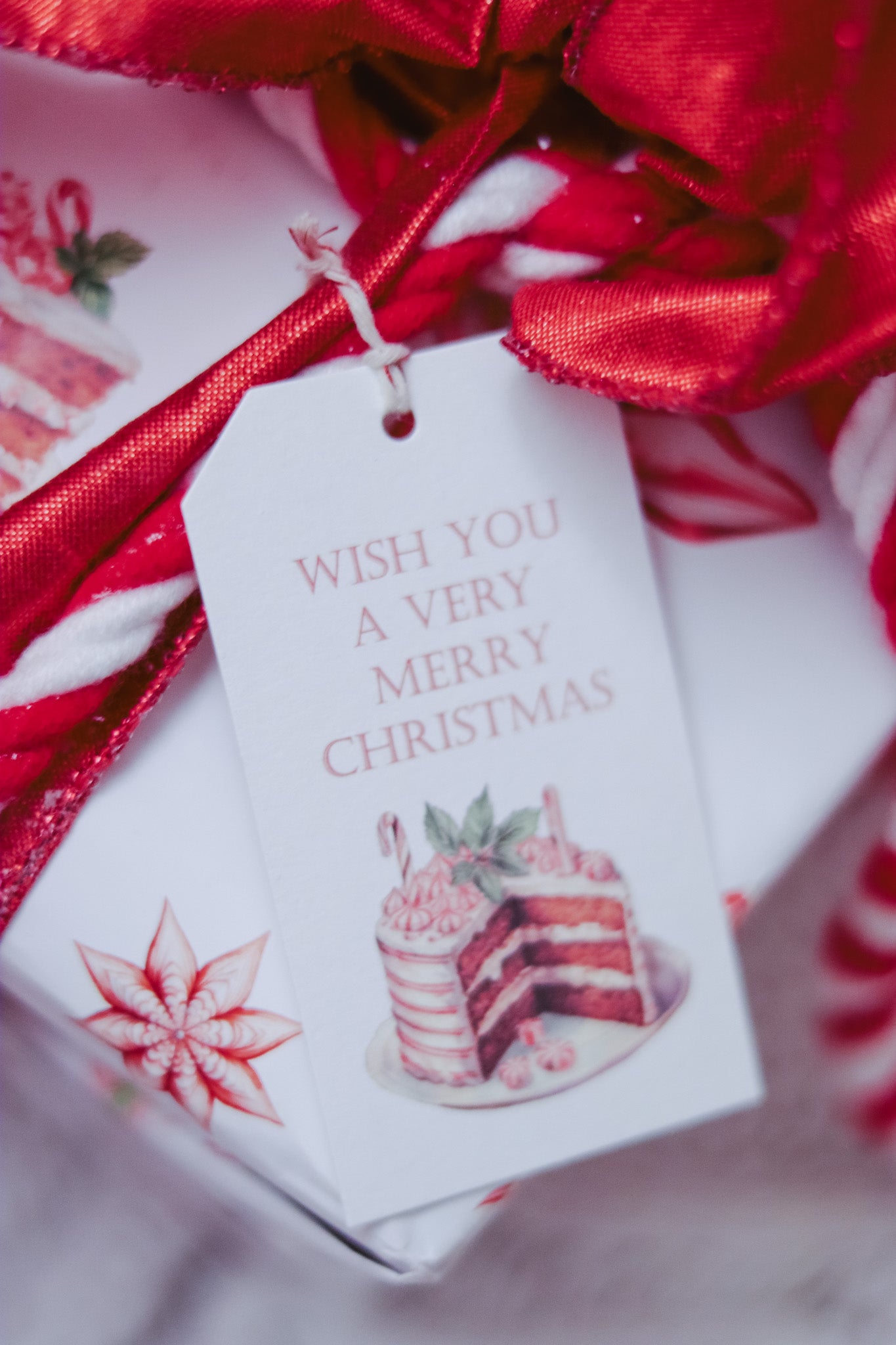 Gift Tag  + Thick Luxuty Wrapping Paper- Double sided red white green Peppermint Candy & Vintage Gingerbread House Christmas Gift Wrapping Paper + Tag