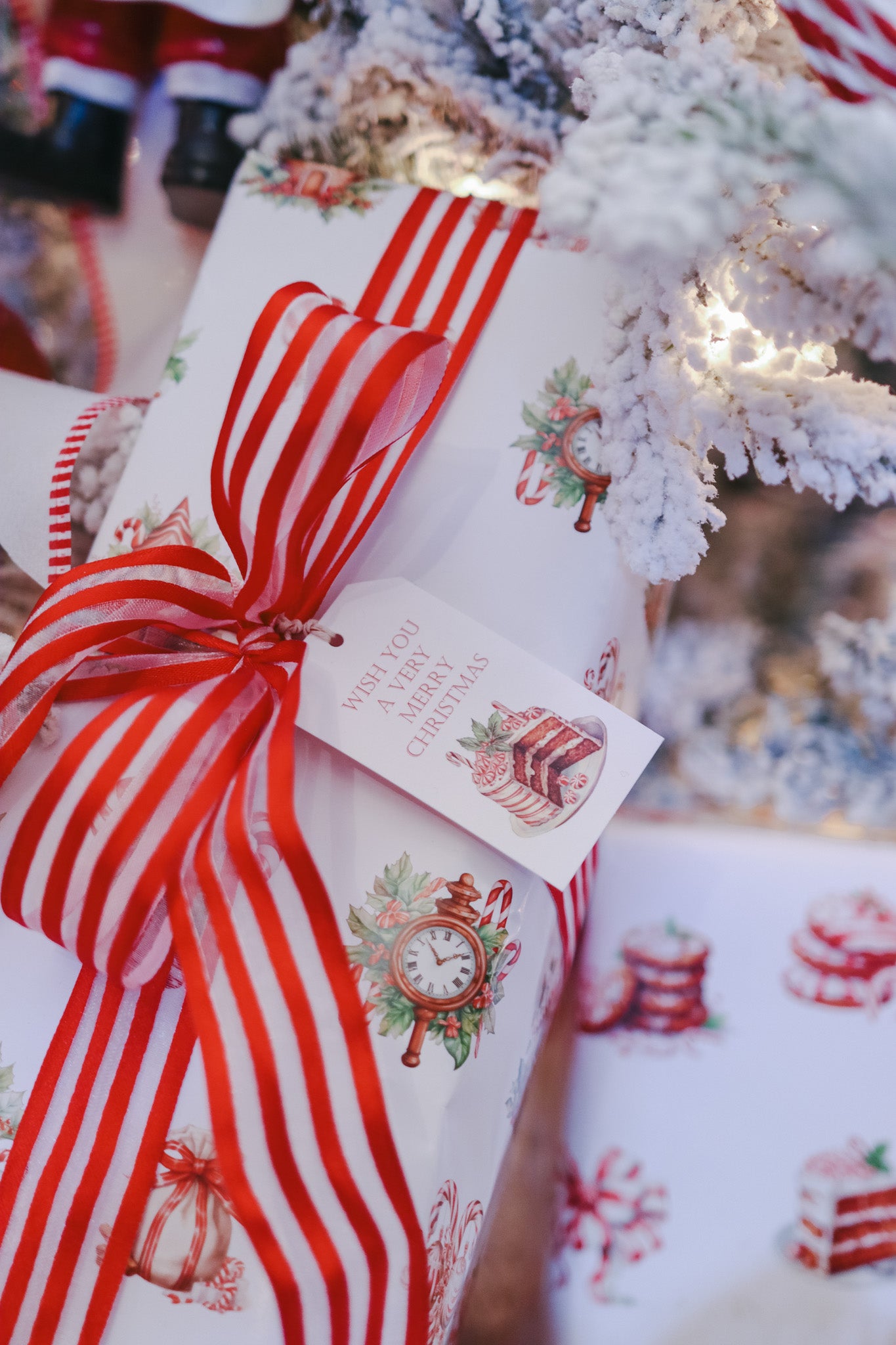 Gift Tag  + Thick Luxuty Wrapping Paper- Double sided red white green Peppermint Candy & Vintage Gingerbread House Christmas Gift Wrapping Paper + Tag
