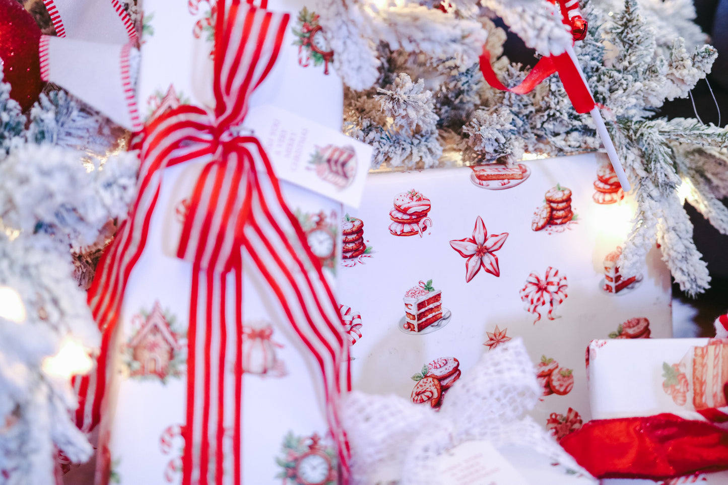 Gift Tag  + Thick  Luxury  Wrapping  Paper- sided red white Peppermint Candy & Vintage Gingerbread House Christmas Gift Wrapping Paper + Tag