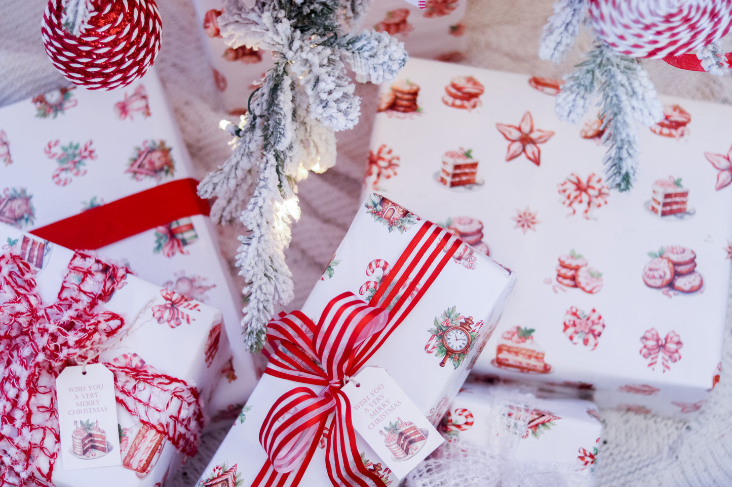 Gift Tag  + Thick  Luxury  Wrapping  Paper- sided red white Peppermint Candy & Vintage Gingerbread House Christmas Gift Wrapping Paper + Tag