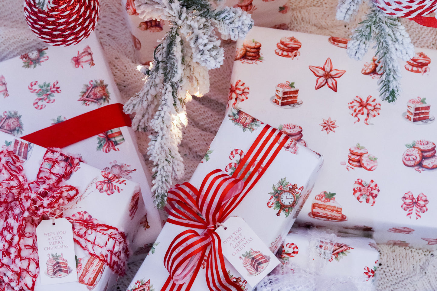 Gift Tag  + Thick Luxuty Wrapping Paper- Double sided red white green Peppermint Candy & Vintage Gingerbread House Christmas Gift Wrapping Paper + Tag