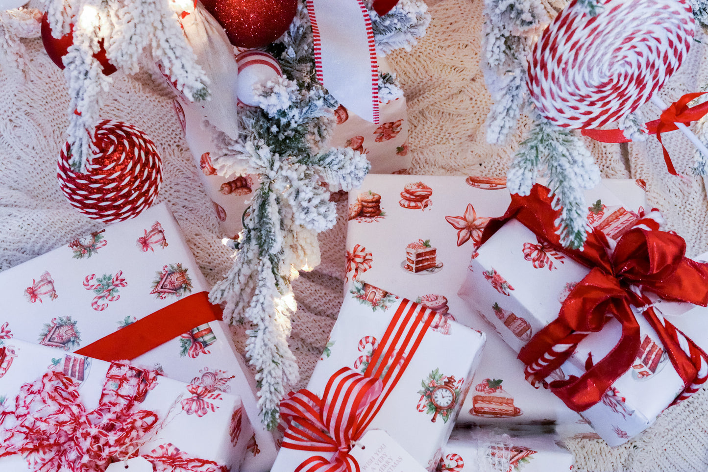 Gift Tag  + Thick  Luxury  Wrapping  Paper- sided red white Peppermint Candy & Vintage Gingerbread House Christmas Gift Wrapping Paper + Tag