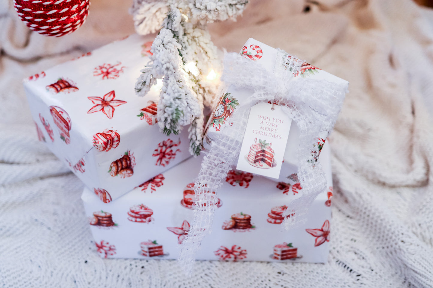 Gift Tag  + Thick  Luxury  Wrapping  Paper- sided red white Peppermint Candy & Vintage Gingerbread House Christmas Gift Wrapping Paper + Tag