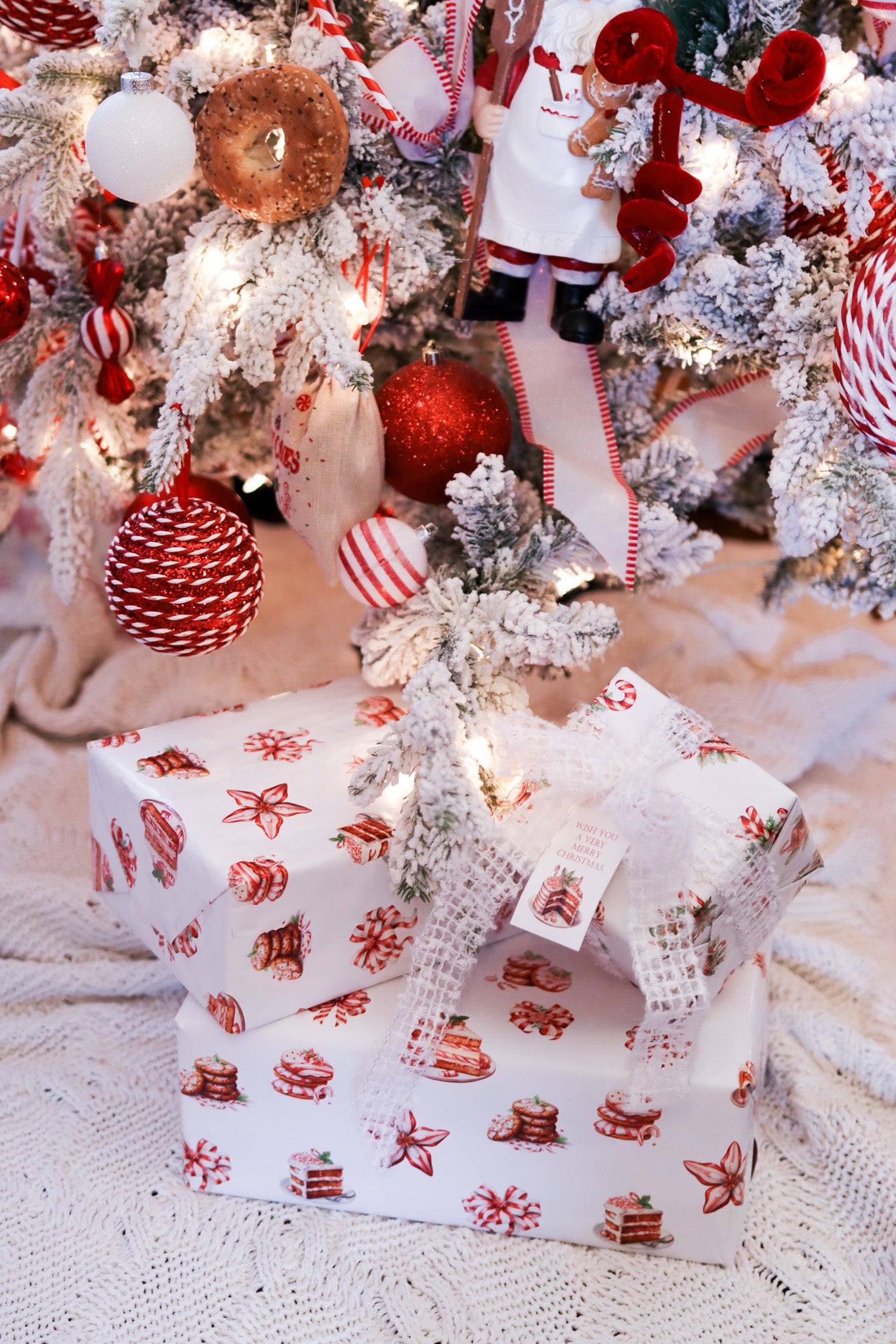 Gift Tag  + Thick  Luxury  Wrapping  Paper- sided red white Peppermint Candy & Vintage Gingerbread House Christmas Gift Wrapping Paper + Tag