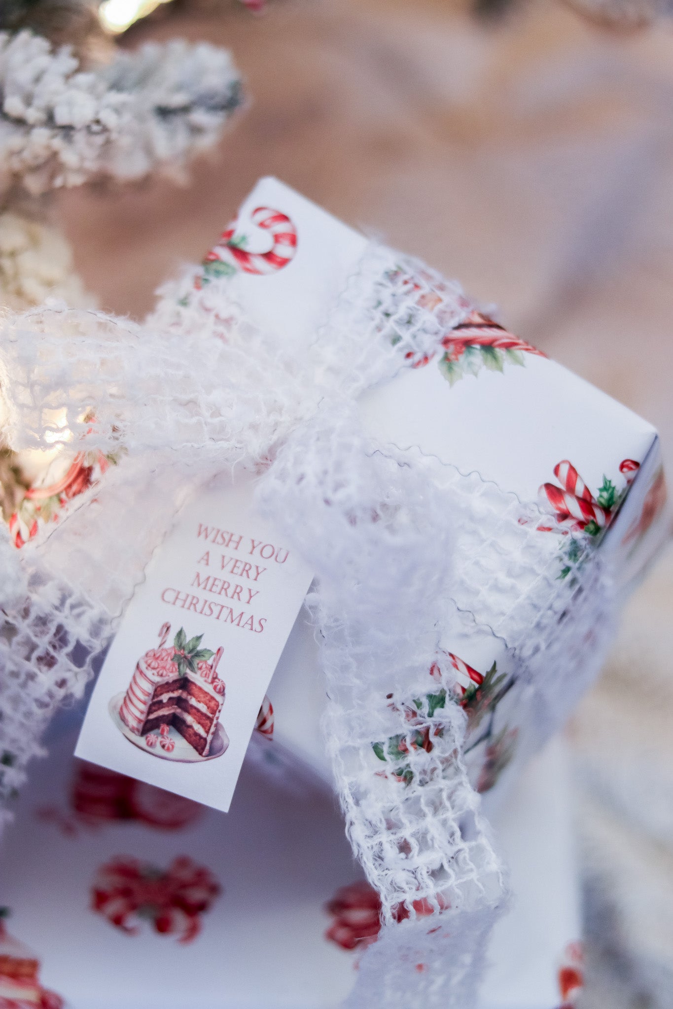 Gift Tag  + Thick  Luxury  Wrapping  Paper- sided red white Peppermint Candy & Vintage Gingerbread House Christmas Gift Wrapping Paper + Tag