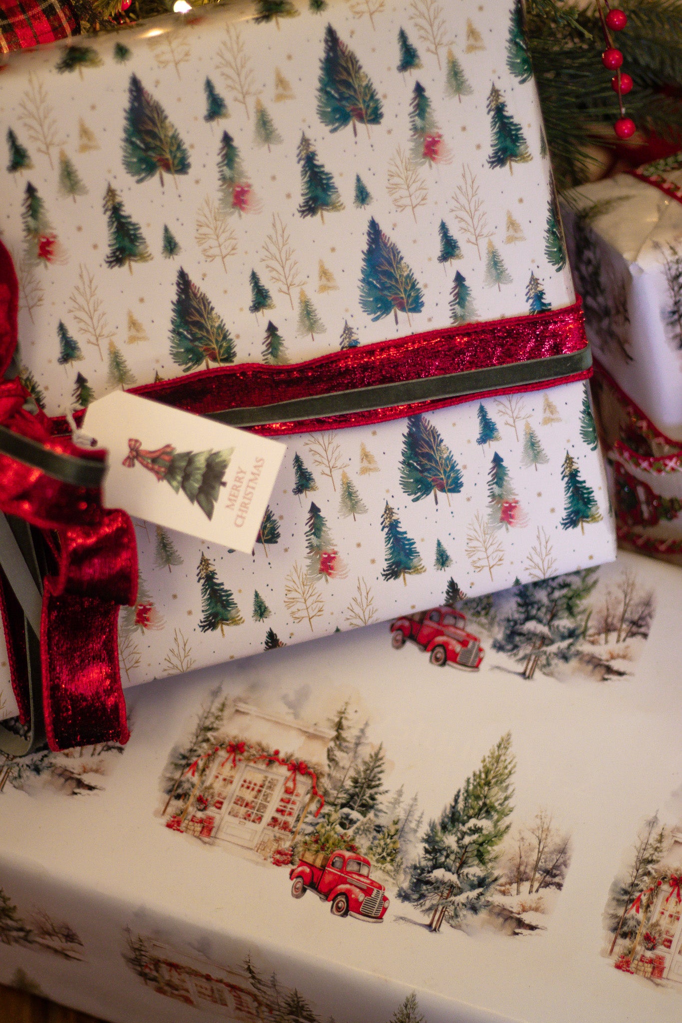 Gift Tag + Thick Luxury Wrapping  Paper-Double-Sided Christmas  Gift Wrapping  Paper - Country Truck & Wreath Design + Tag
