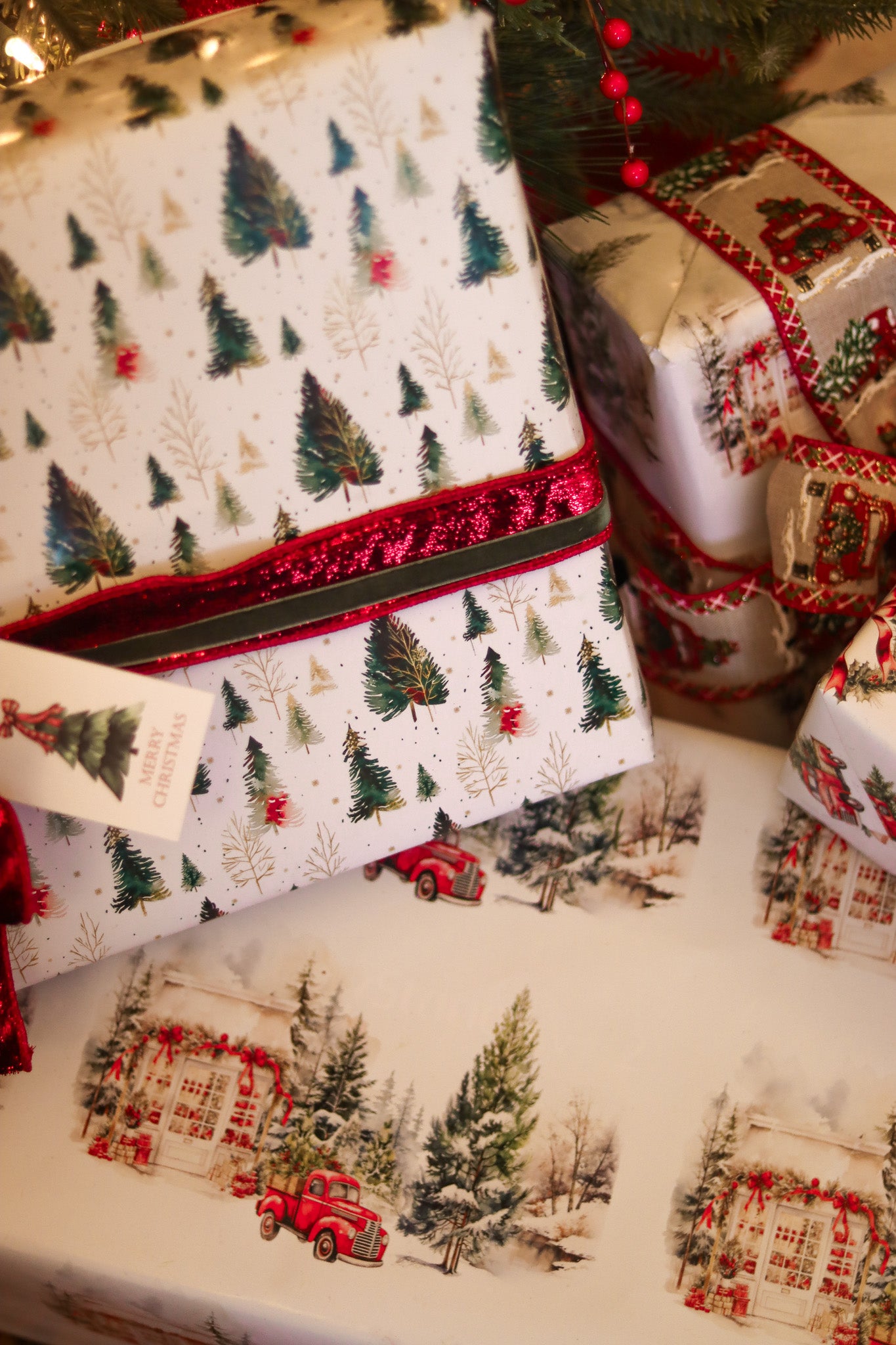 Gift Tag + Thick Luxury Wrapping  Paper-Double-Sided Christmas  Gift Wrapping  Paper - Country Truck & Wreath Design + Tag