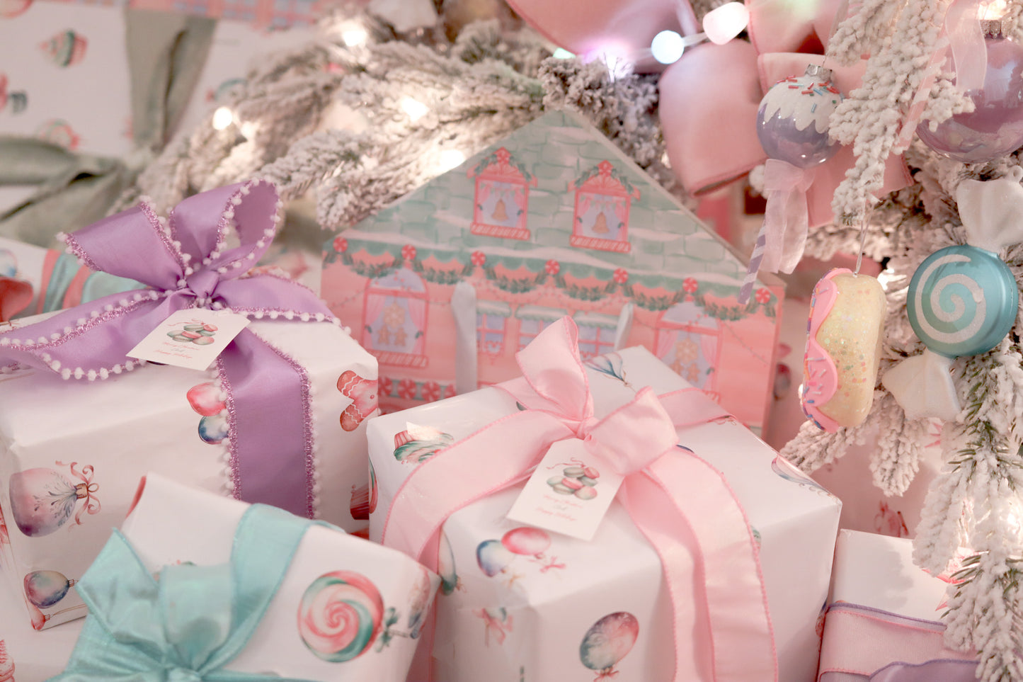 Gift Tag  + Thick luxury Wrapping Paper-  Double sided Pastel Candyland Christmas Gift Wrapping paper purple pink mint green + Tag
