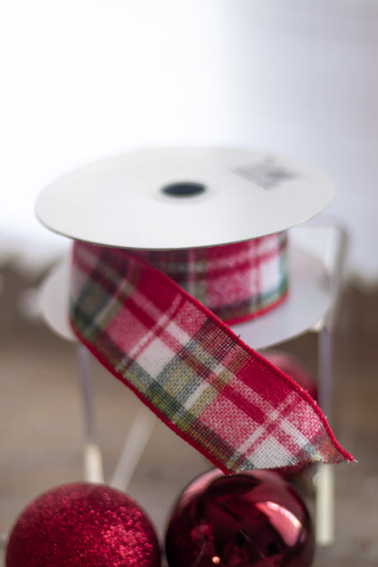 Plaid Green, White, and Red Ribbon – 2.5" Wired