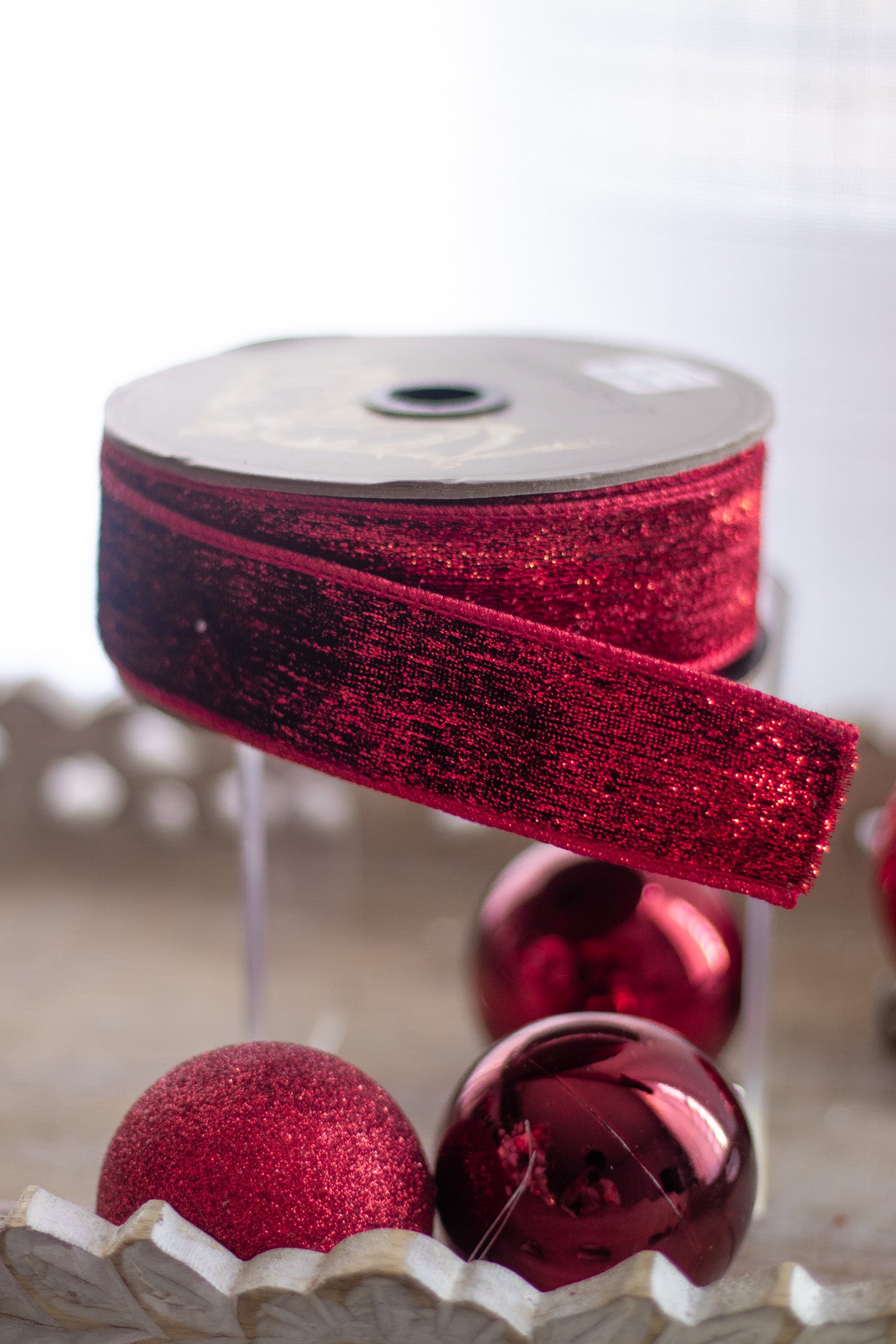 Luxury Glittering  wired Metallic Velvet Ribbon - Red 0.5  in
