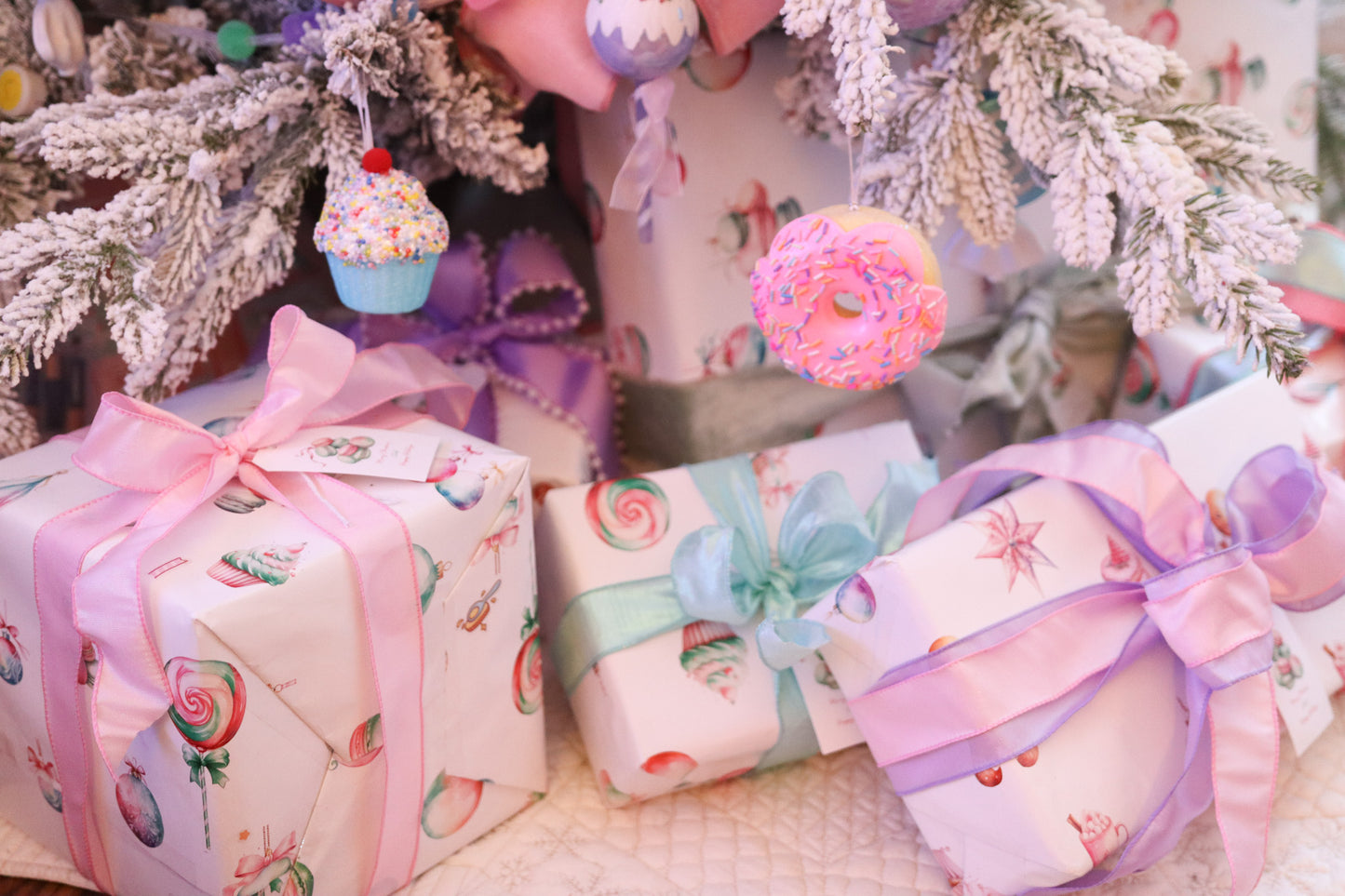 Gift Tag  + Thick luxury Wrapping Paper-  Double sided Pastel Candyland Christmas Gift Wrapping paper purple pink mint green + Tag