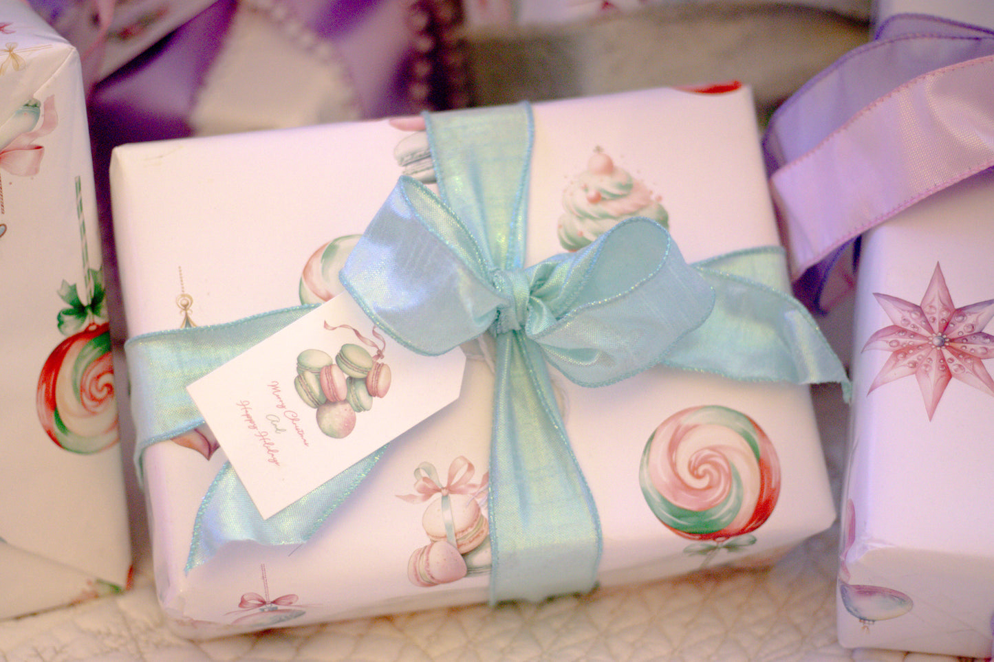 Gift Tag  + Thick luxury Wrapping Paper-  Double sided Pastel Candyland Christmas Gift Wrapping paper purple pink mint green + Tag
