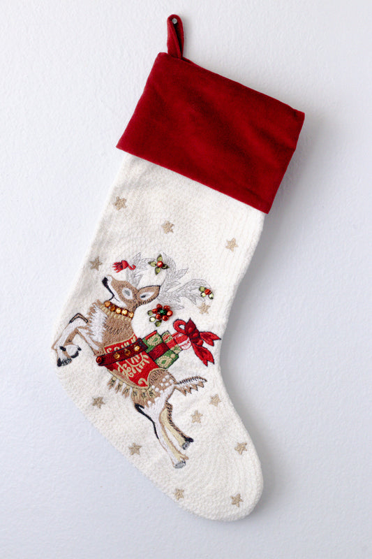 Embroidered Christmas Stockings – Reindeer | Holiday Mantel Decor