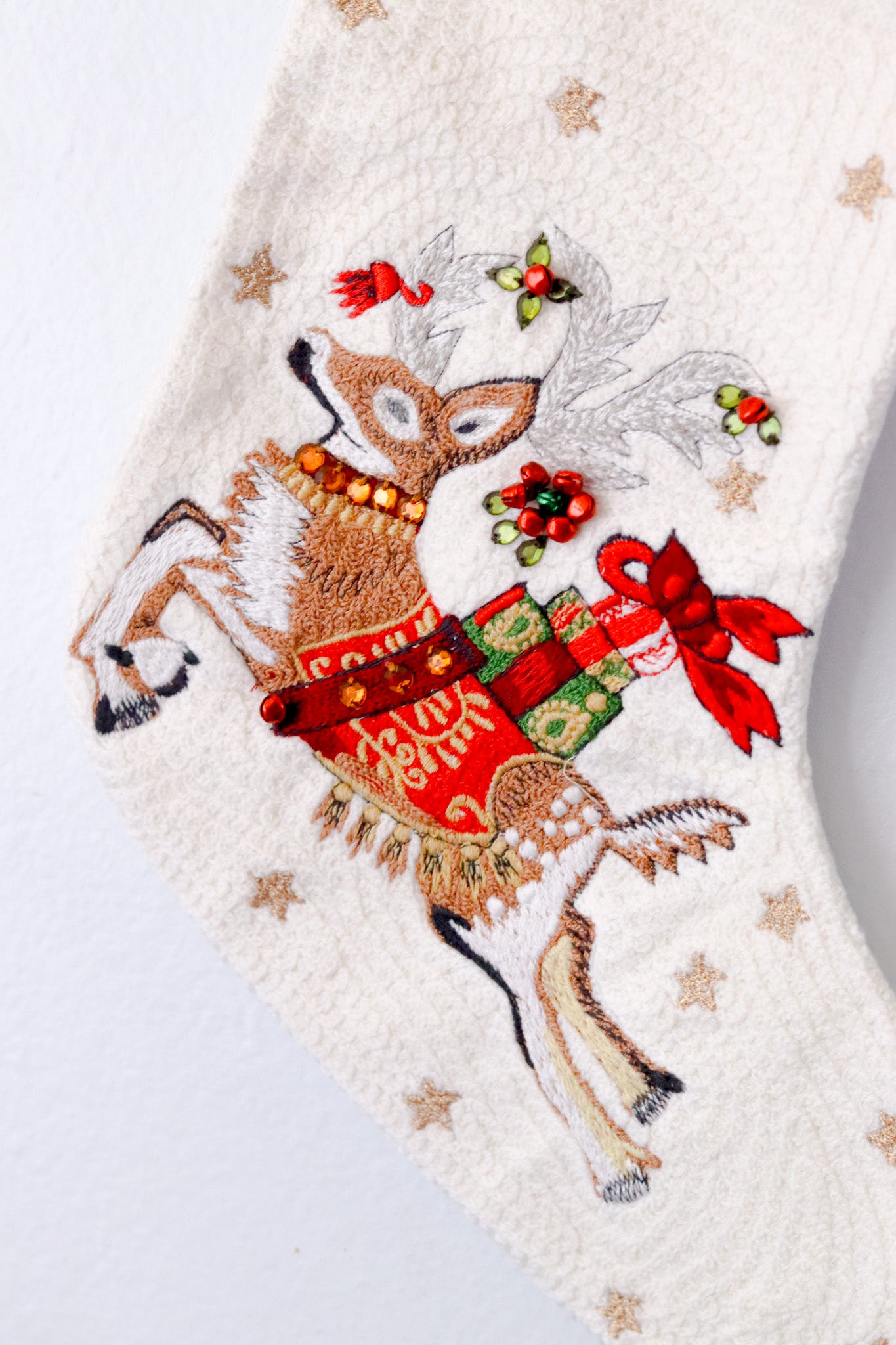 Embroidered Christmas Stockings – Reindeer | Holiday Mantel Decor