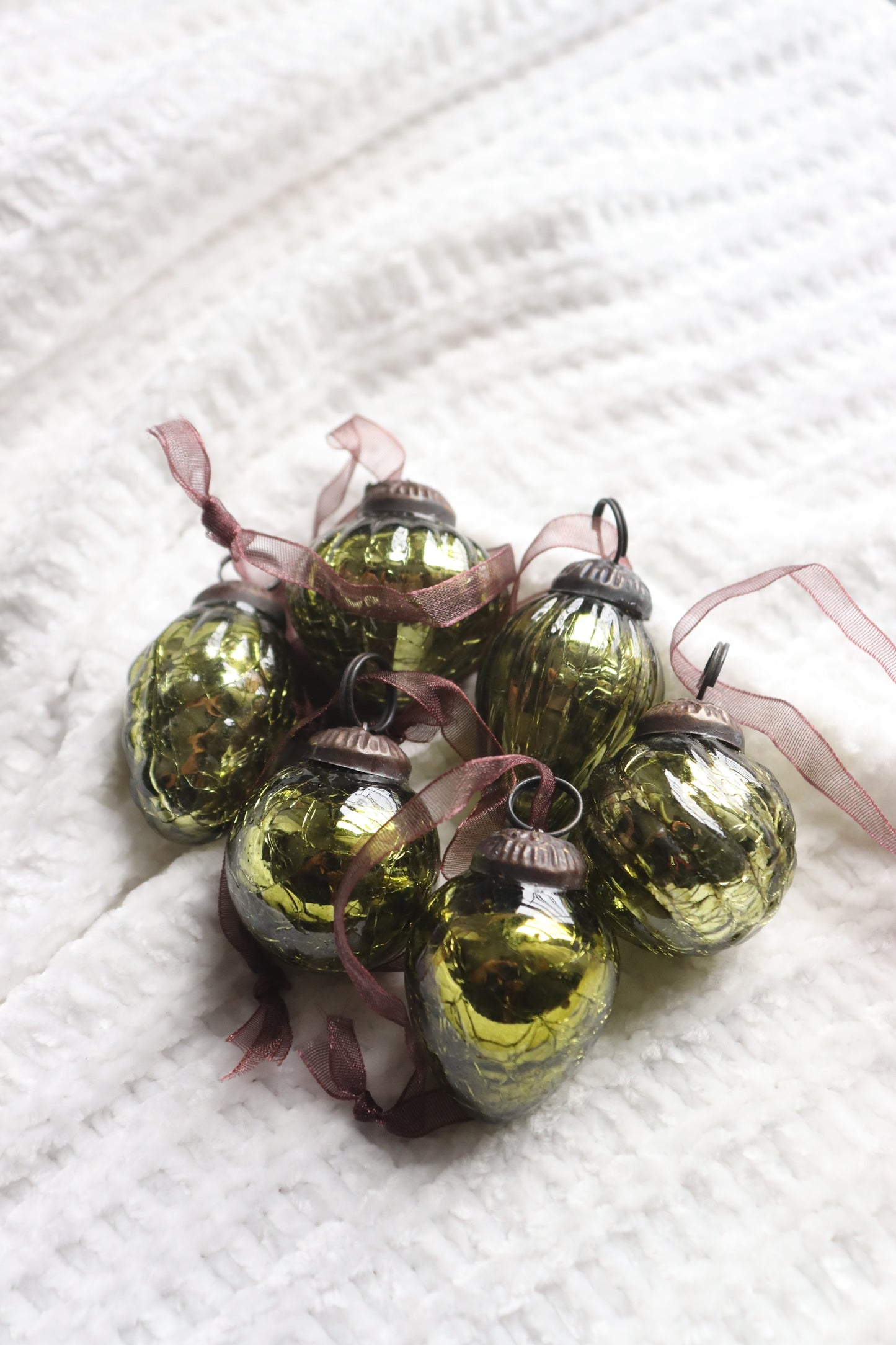 Luxury Set of 6 Small Copper or Olive Green Glass Crackle Ornaments – 1"