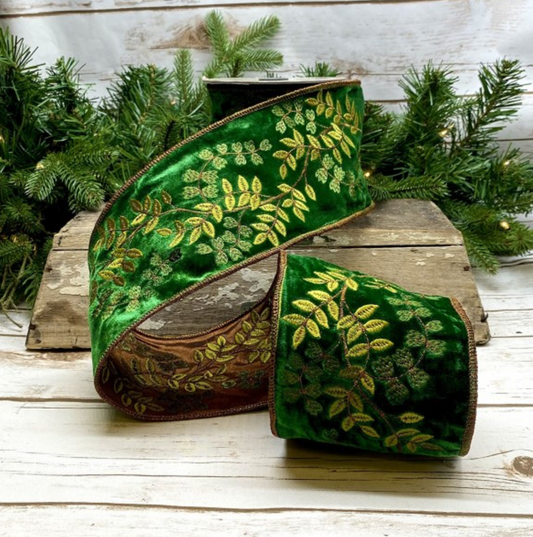 Luxury Large Wired  Ribbon Forest with graded green yellow embroidery leaves