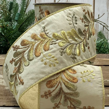 Luxury Large Wired Beige Ribbon Embroidery Leaves graded